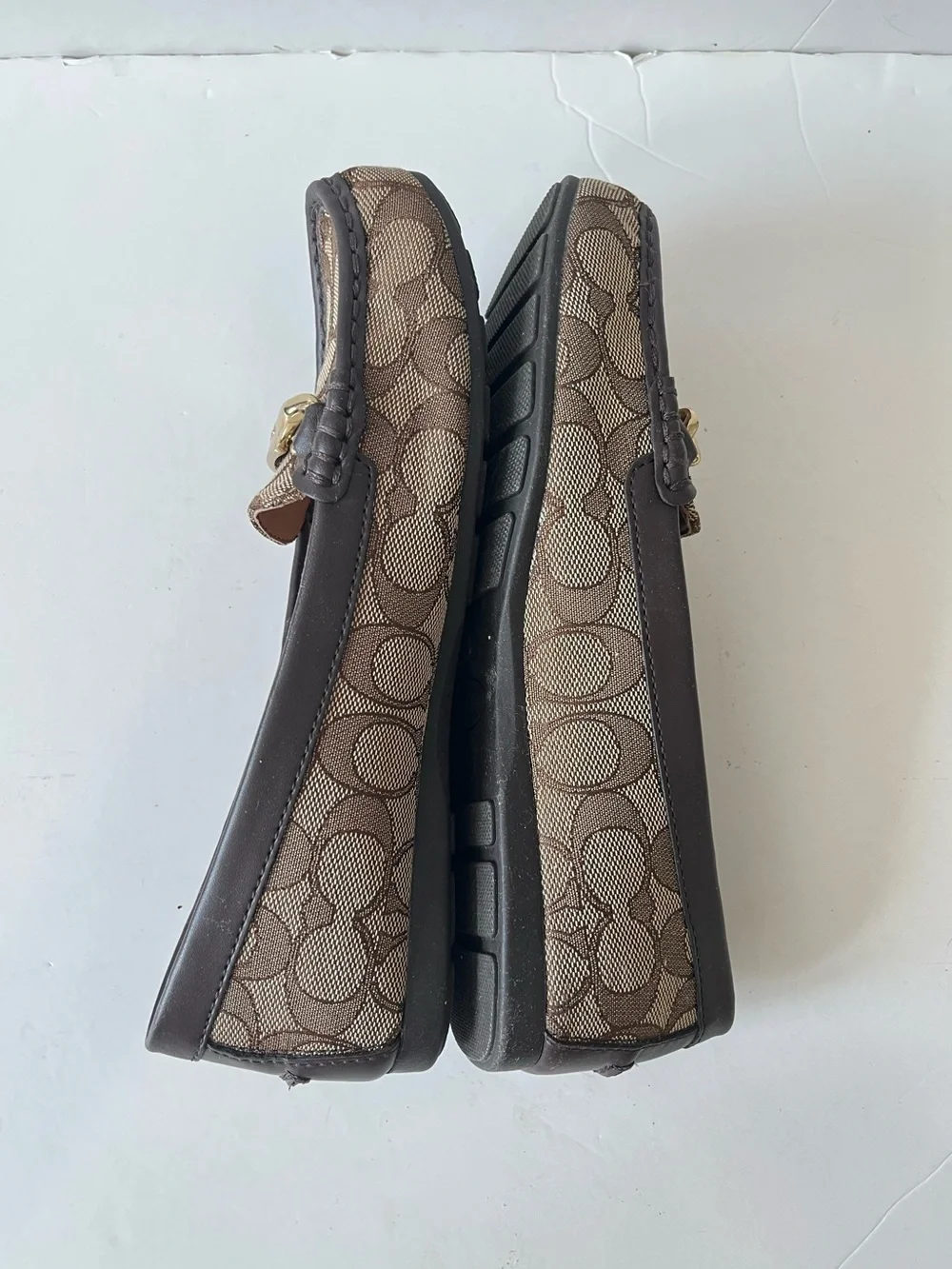 Coach olive Brown Signature logo Gold Hardware Canvas Driving Loafers size 7.5B